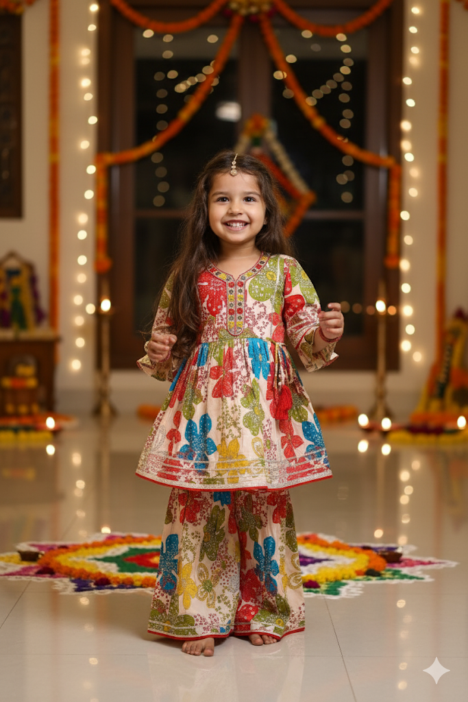 Girls Printed Full Ethnic Co-ord Set With Beautiful Mirror Work - Multicolor