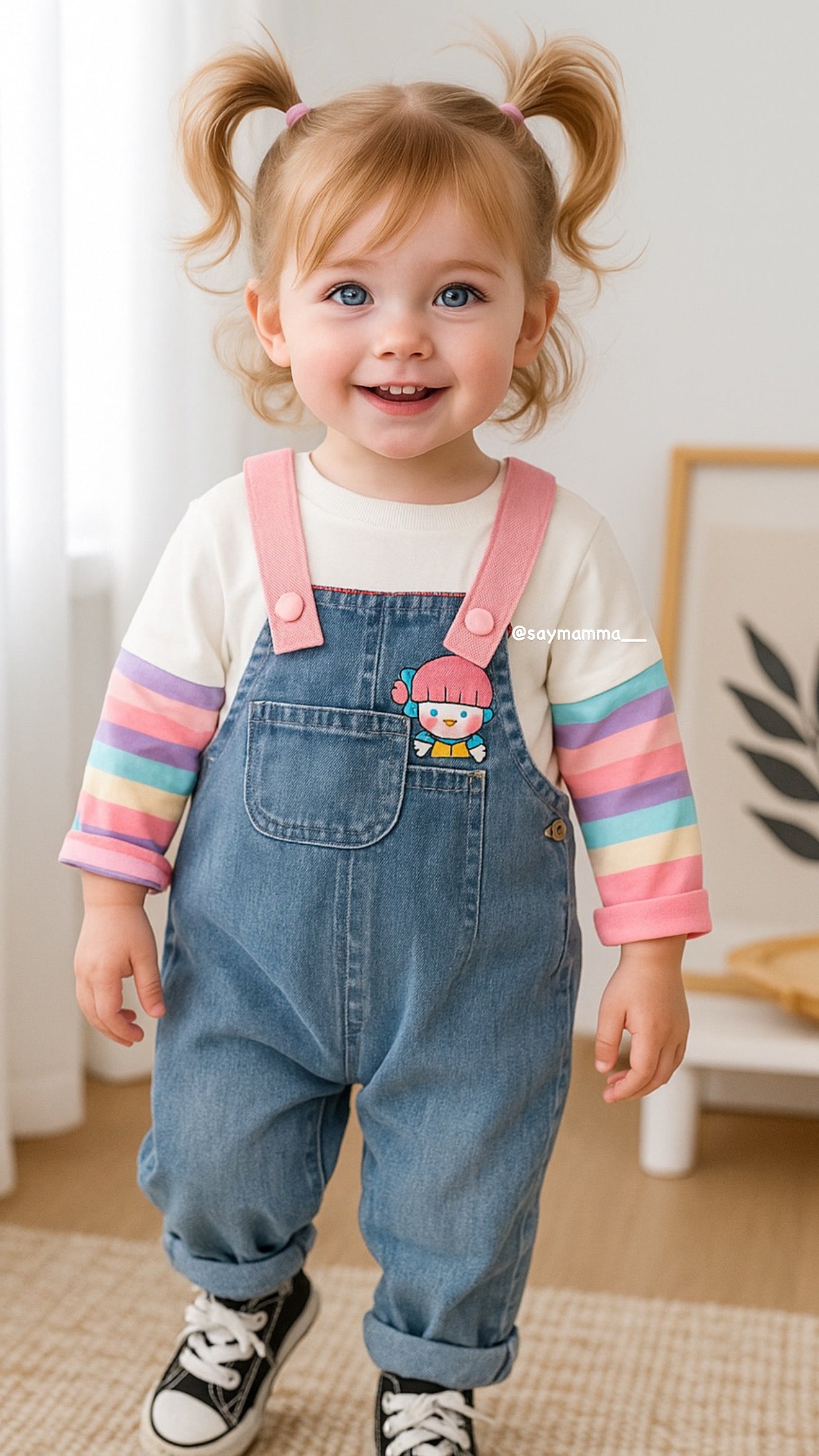 Denim Love - Girls Printed Soft Denim Dungaree with T-Shirt