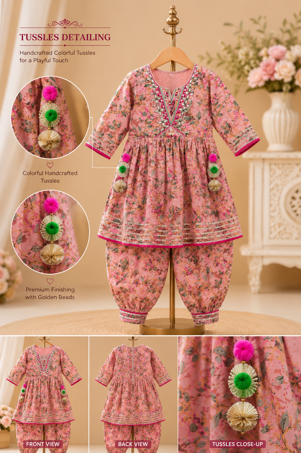Girls Soft Ethnic - Pink Petal Embroidered Set