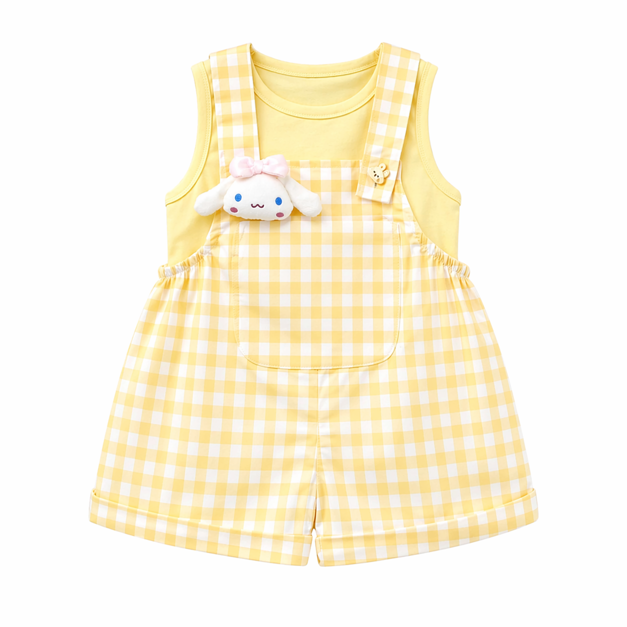 Elegant 3D Cute & Comfy Girls Printed Yellow Gingham Dungaree with Tee