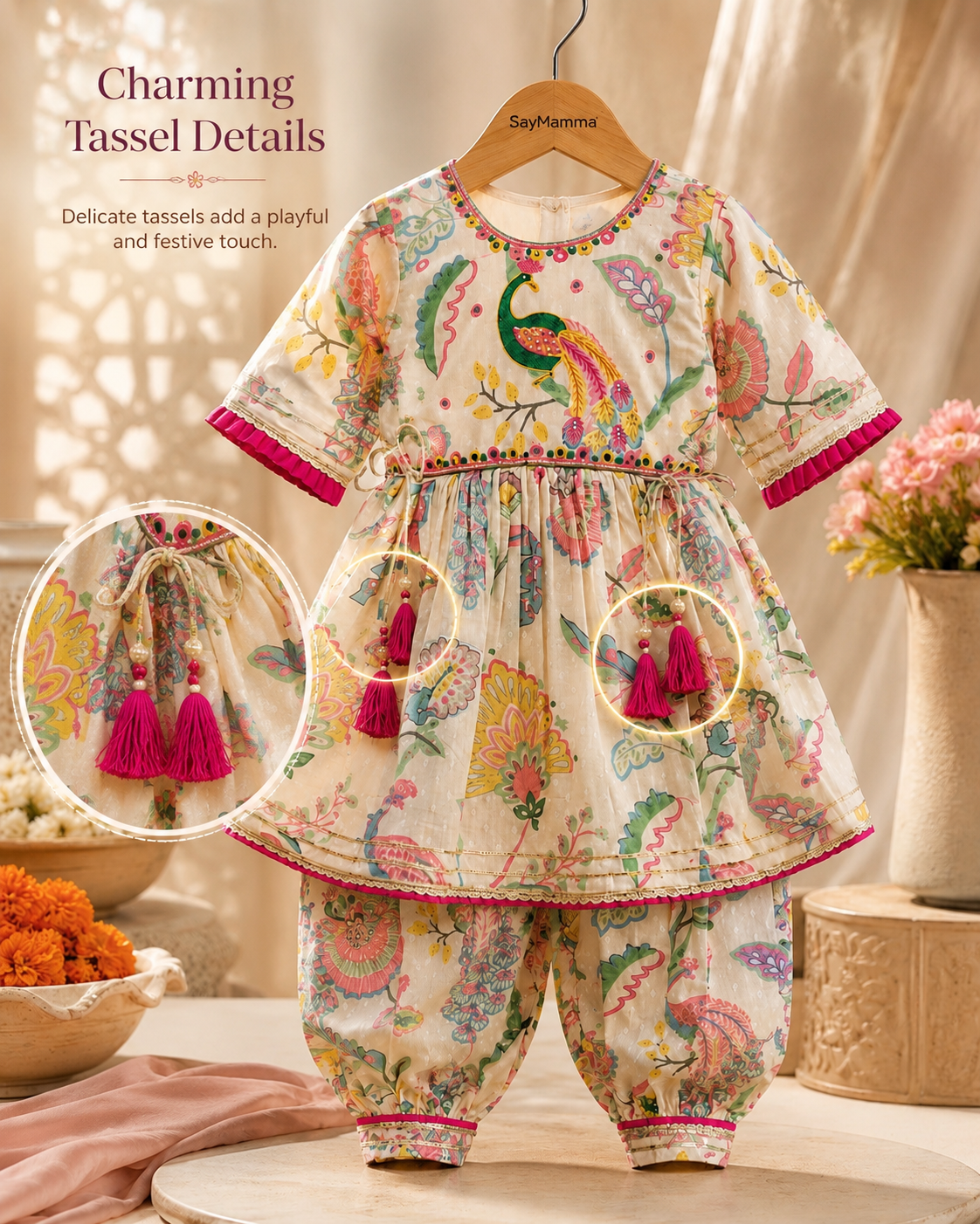 Trendy Girls Embroidered Peacock Blossom Festive Co-Ord Set