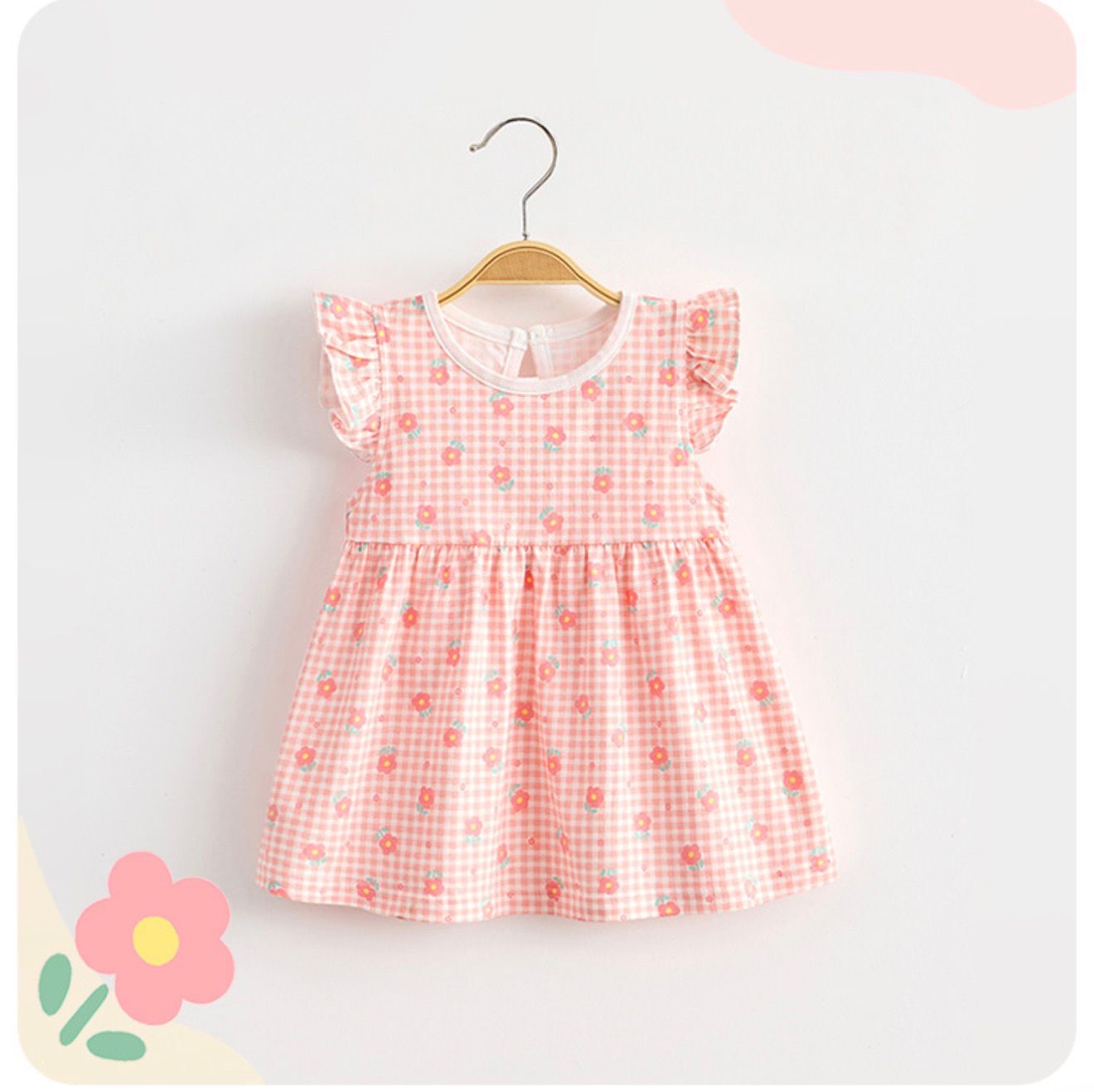 Girls Pink Gingham Floral Baby Dress with Ruffle Sleeves