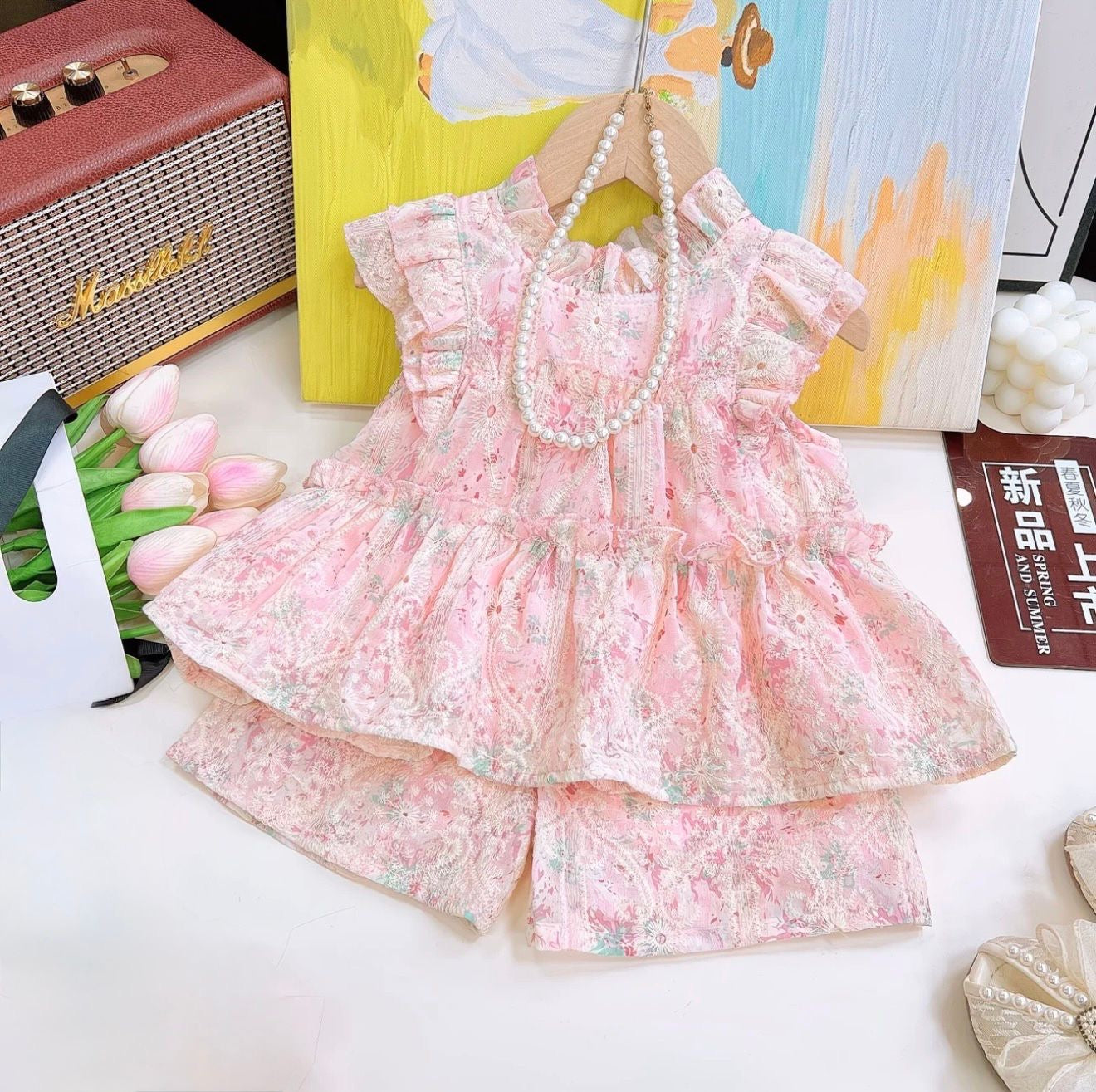 Girls Pink Floral Ruffle Top & Shorts Set