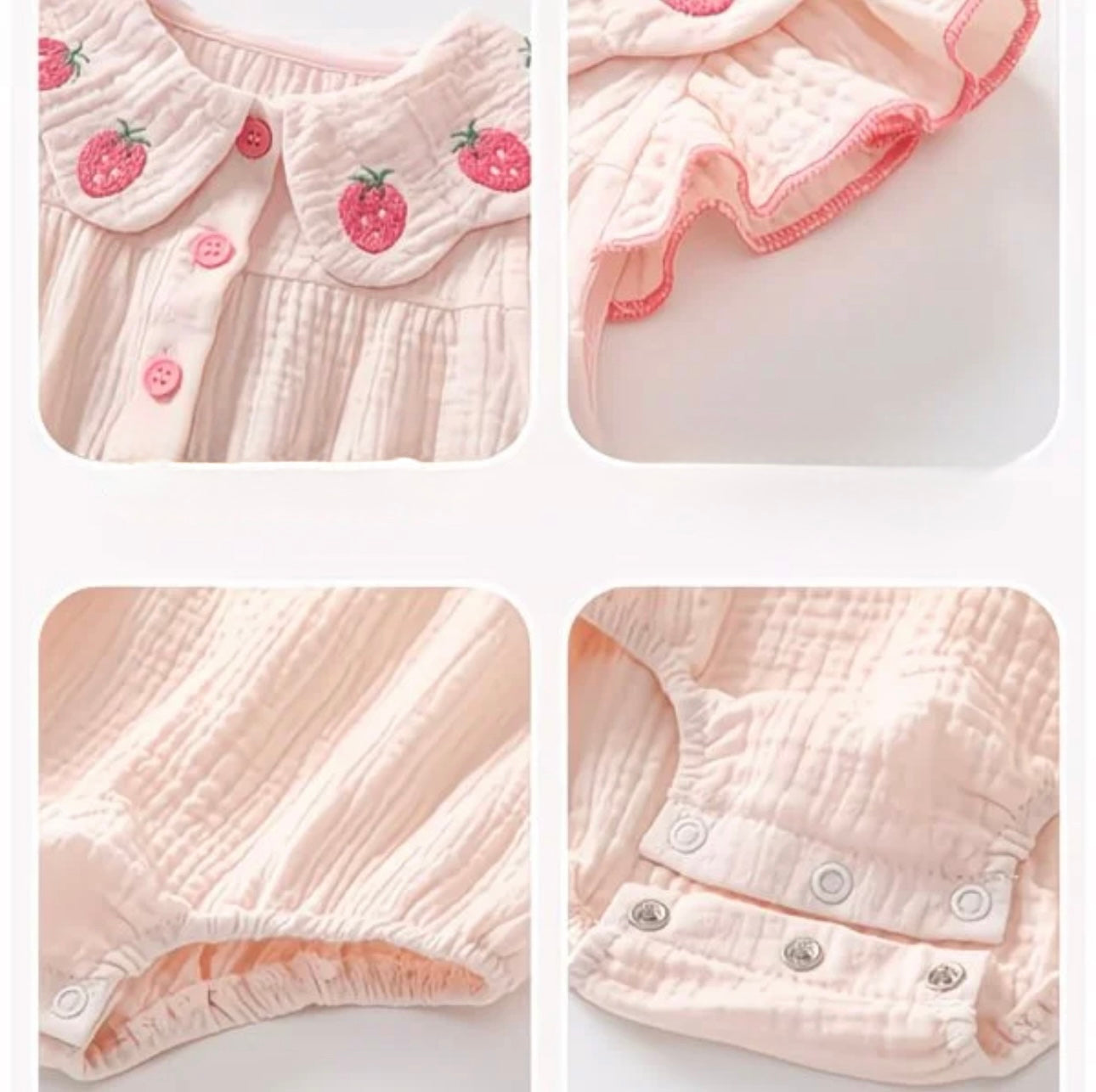 Soft & Breathable - 100% Organic Cotton Baby Girl Strawberry Embroidered Romper with Matching Headband