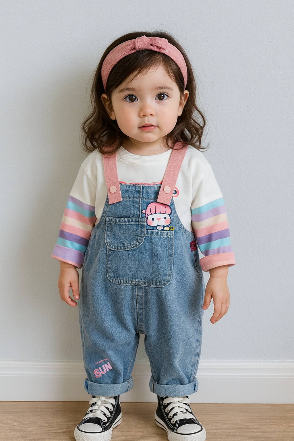 Denim Love - Girls Printed Soft Denim Dungaree with T-Shirt