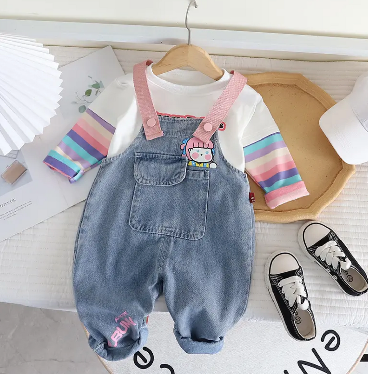 Denim Love - Girls Printed Soft Denim Dungaree with T-Shirt