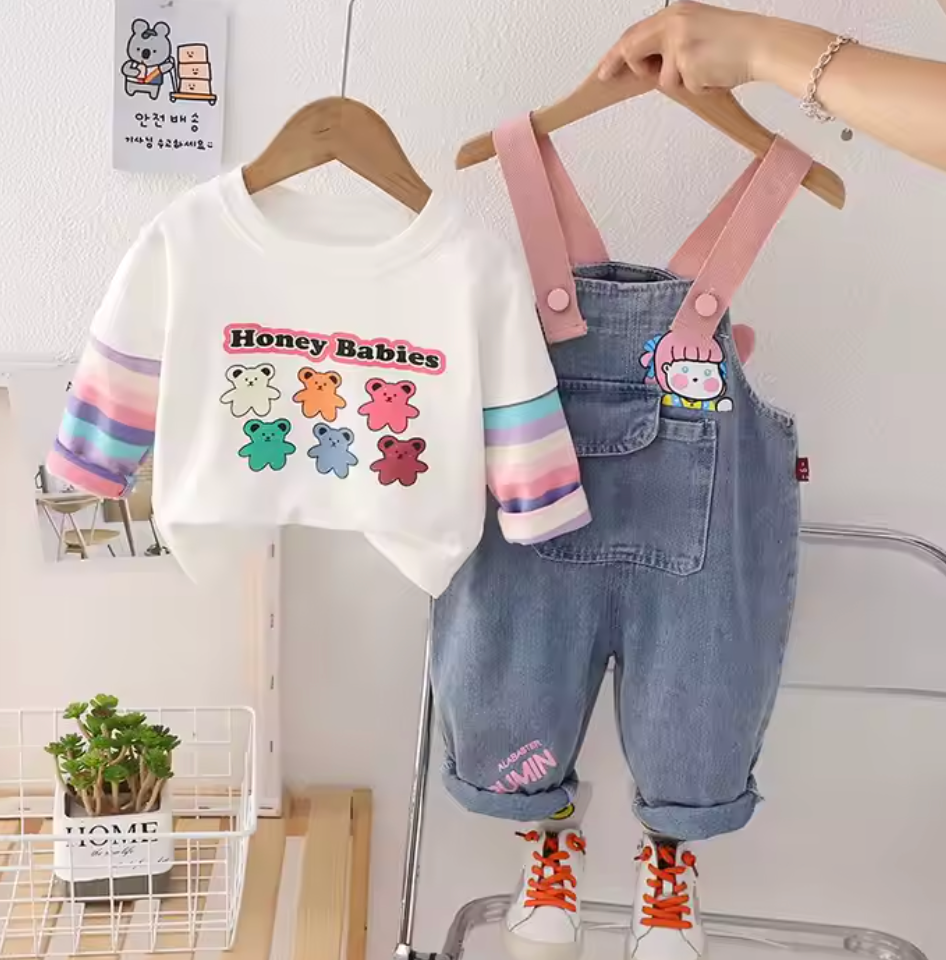 Denim Love - Girls Printed Soft Denim Dungaree with T-Shirt