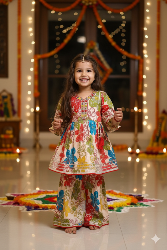 Girls Printed Full Ethnic Co-ord Set With Beautiful Mirror Work - Multicolor