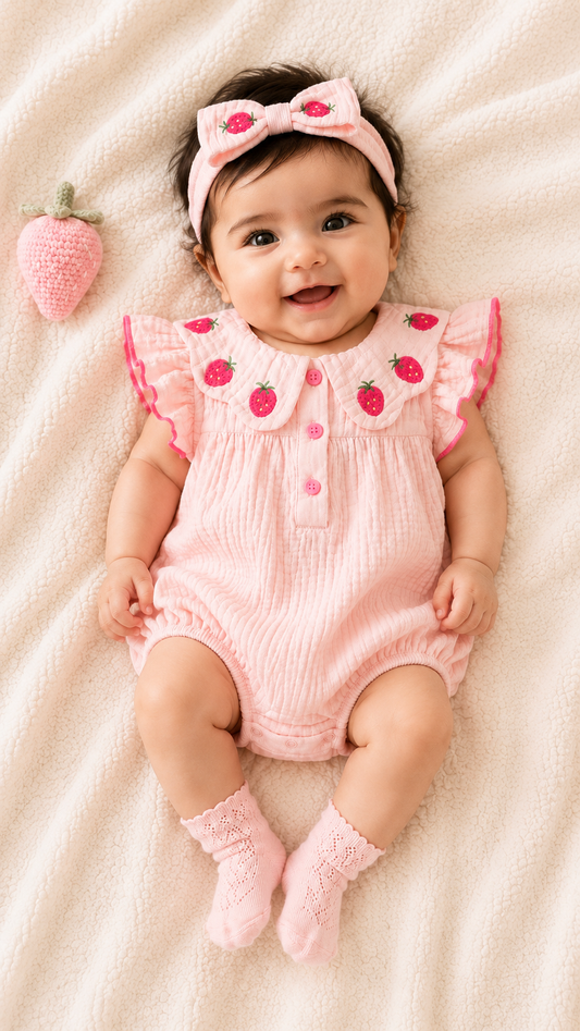 Soft & Breathable - 100% Organic Cotton Baby Girl Strawberry Embroidered Romper with Matching Headband
