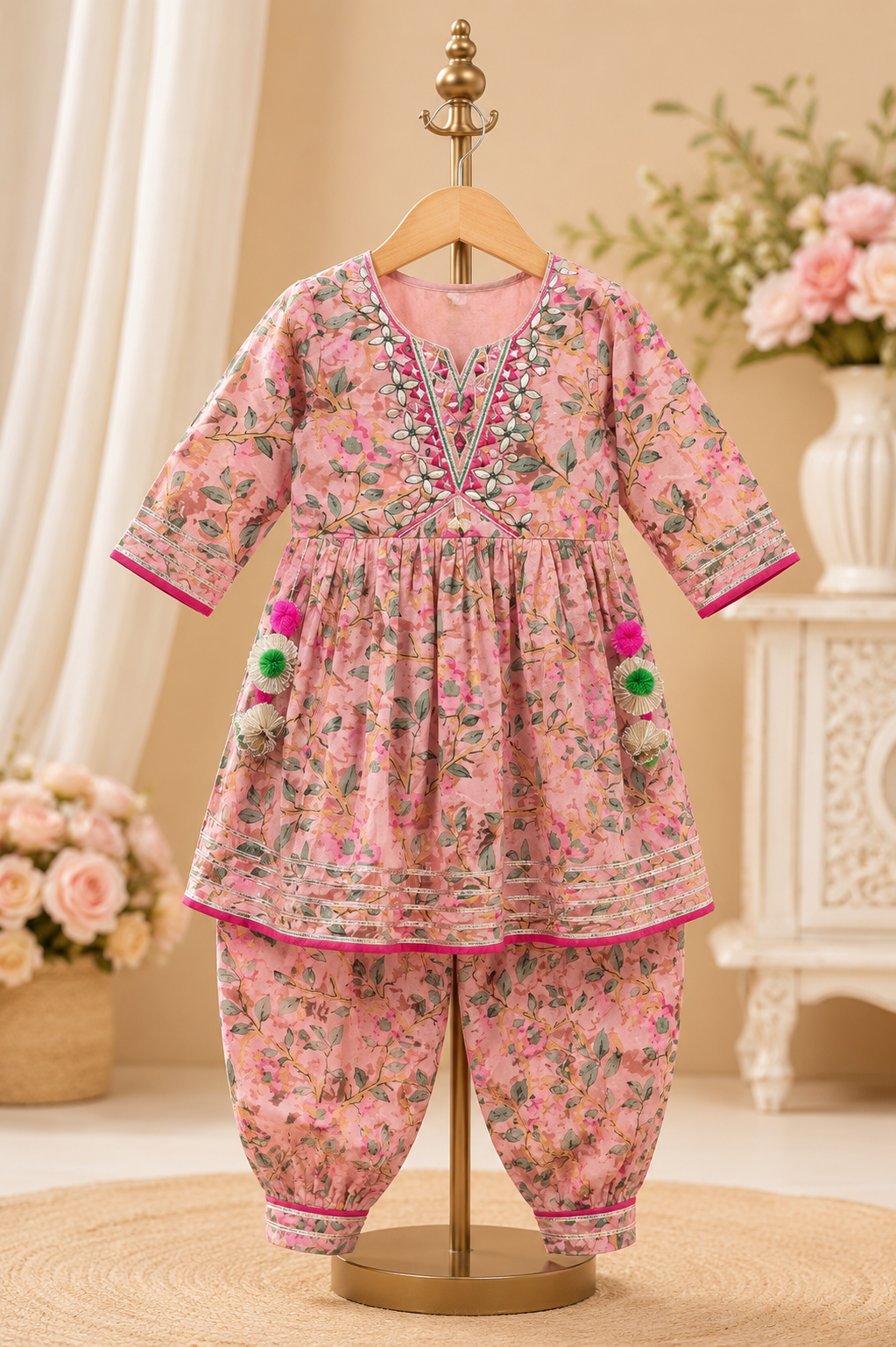 Girls Soft Ethnic - Pink Petal Embroidered Set