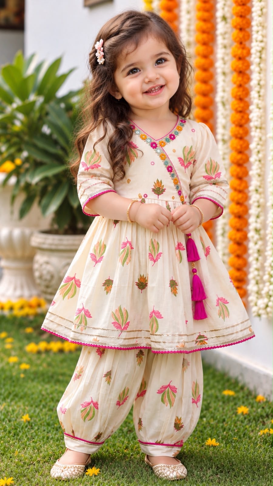Girls Soft Ethnic - Ivory Bloom Floral Angrakha Kurta & Dhoti Set