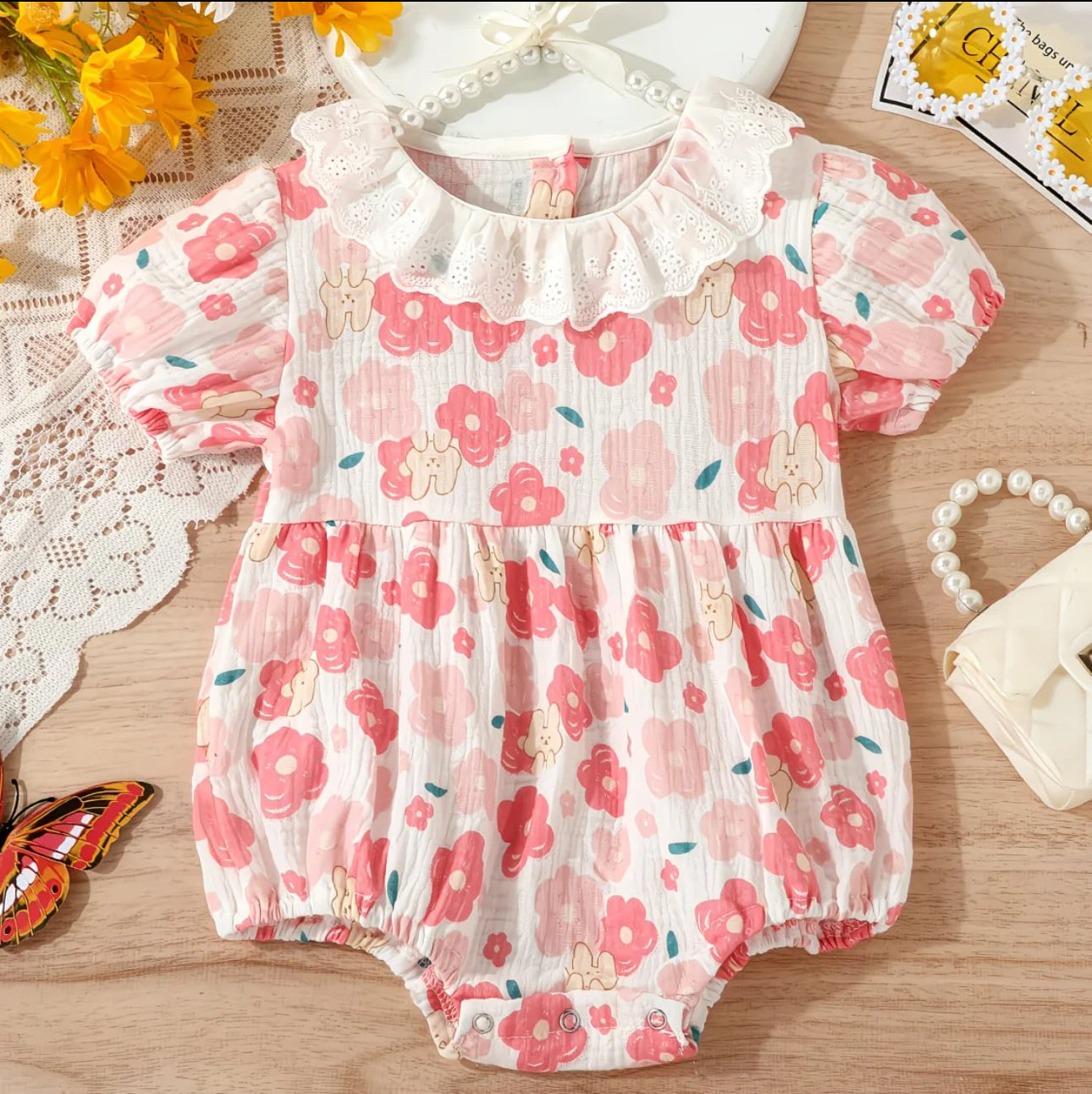 Soft & Breathable - Trendy Pink Floral Cotton Baby Girl Romper
