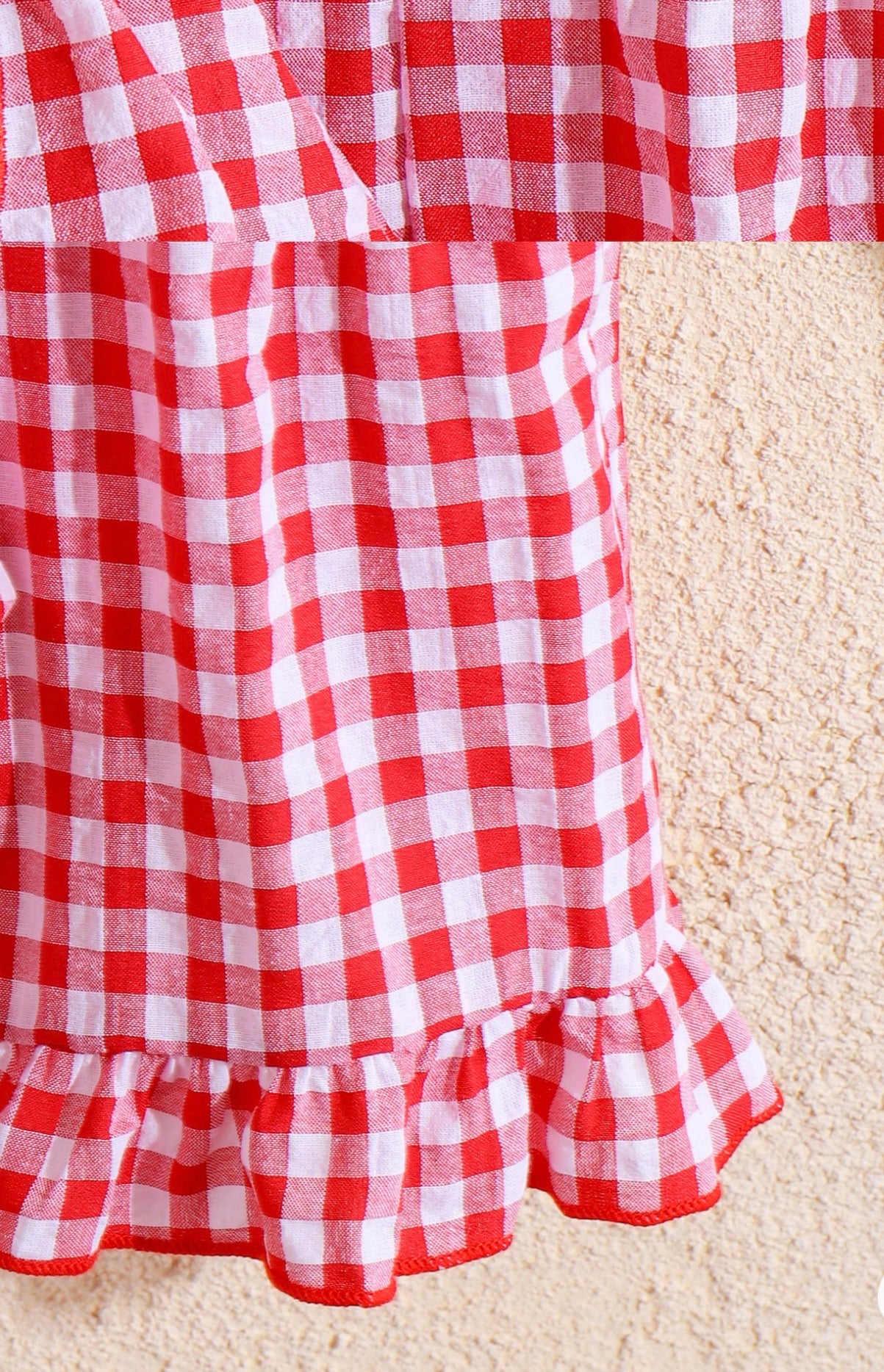 Girls Red Gingham Strawberry Bow Top & Ruffle Shorts Set