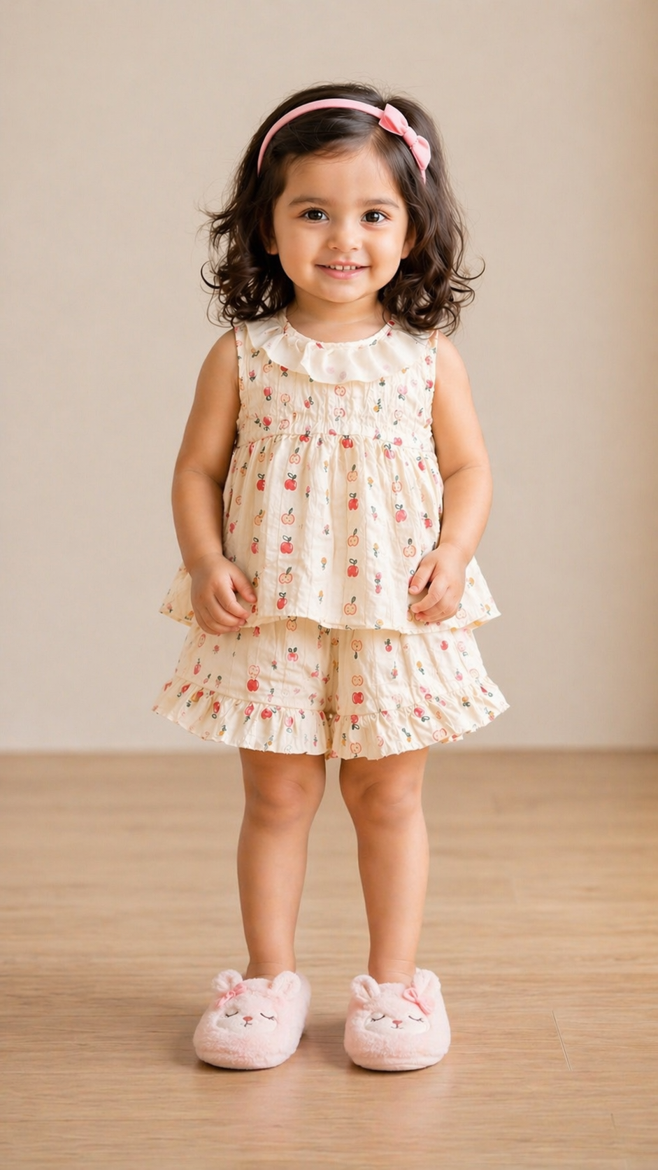 Girls Korean Style Cherry Print Frill Neck Co-Ord Set