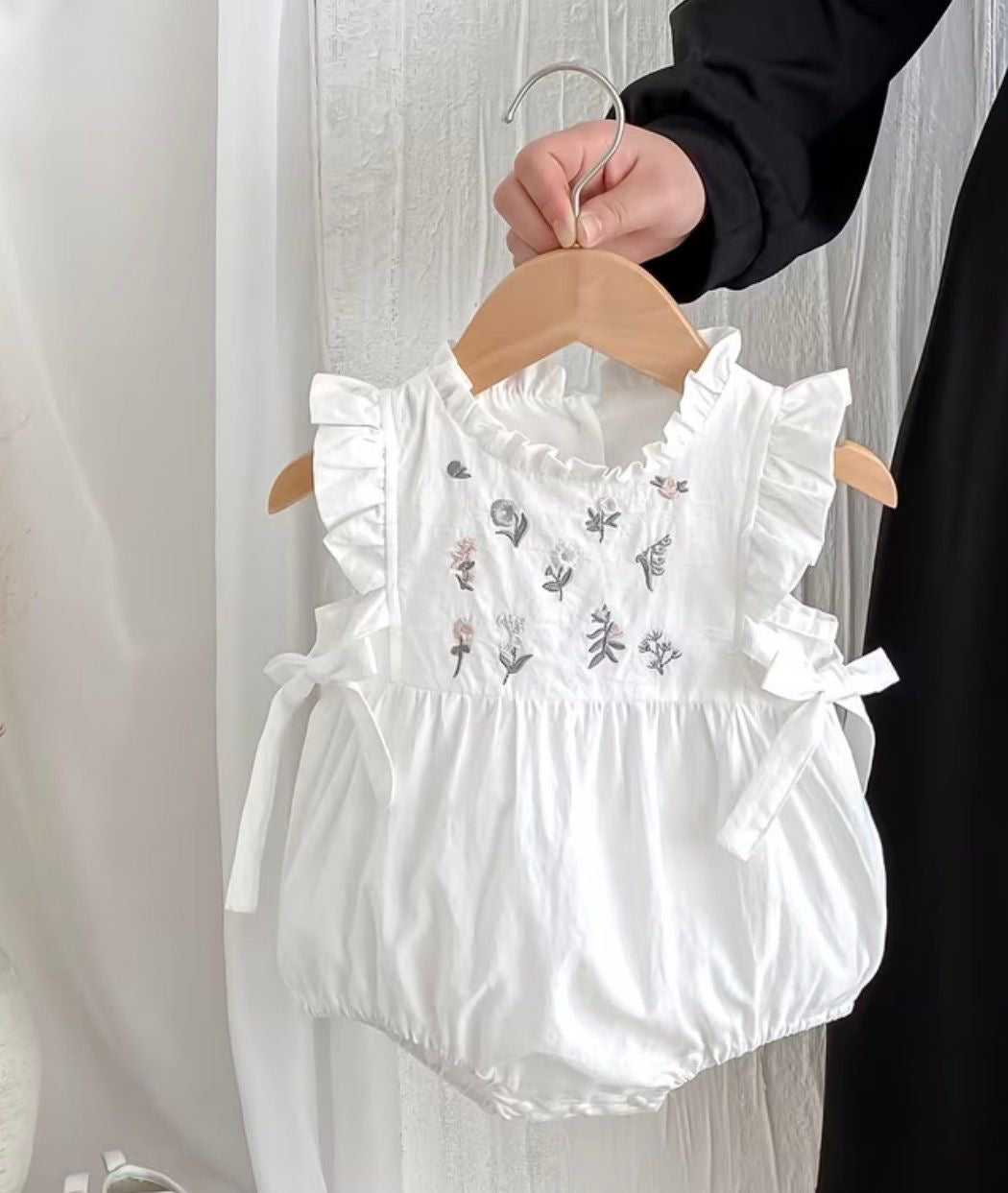 Soft & Breathable - Baby & Toddler - 100% Organic Cotton White Floral Embroidered Baby Girl Romper