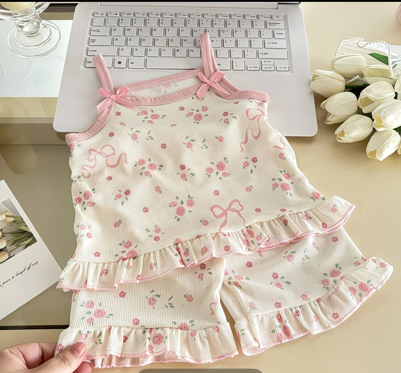Girls Pink Rose Bow Ruffle Co-ord Set