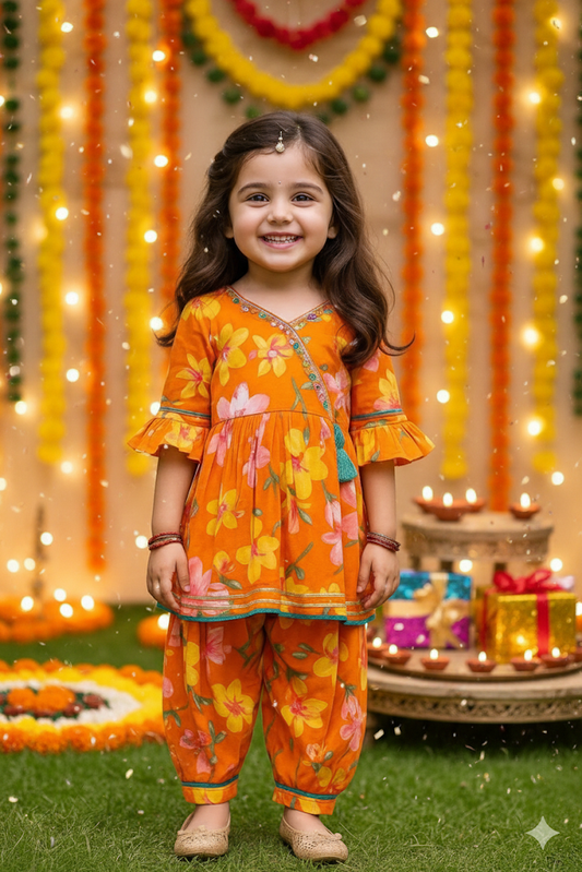 Girls Printed Full Ethnic Co-ord Set with Beautiful Mirror Work - Floral