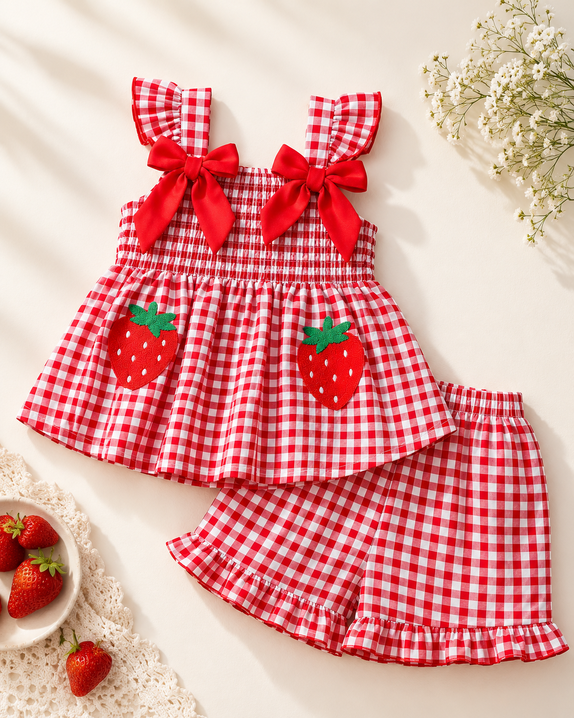 Girls Red Gingham Strawberry Bow Top & Ruffle Shorts Set