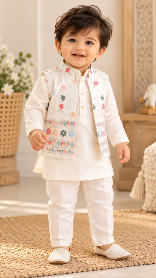 Soft & Breathable - Baby & Toddler - Elegant Ethnic - Cute Pastel Bloom Embroidered Jacket 3-Piece Kurta Set