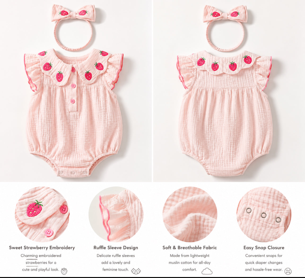 Soft & Breathable - 100% Organic Cotton Baby Girl Strawberry Embroidered Romper with Matching Headband