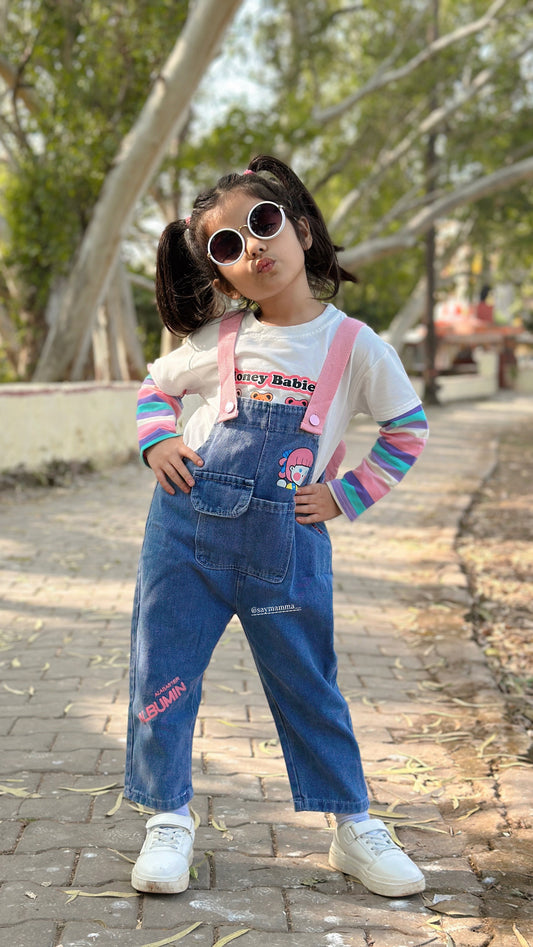 Denim Love - Girls Printed Soft Denim Dungaree with T-Shirt