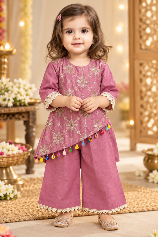 Girls soft Ethnic - Soft Floral Embroidered Asymmetric Kurta & Palazzo Set – Mauve Pink