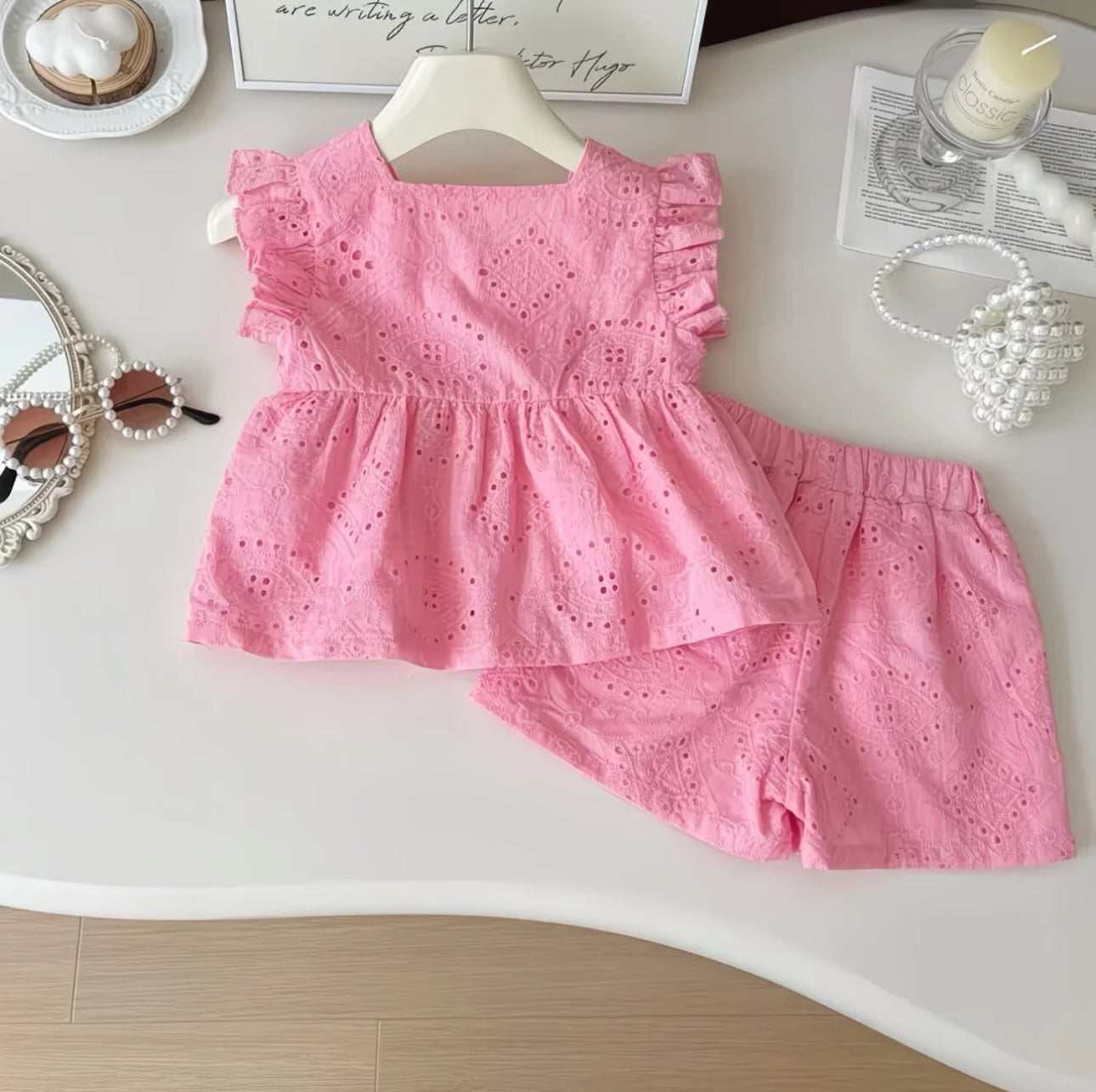 Girls Pink Eyelet Summer Co-Ord Set