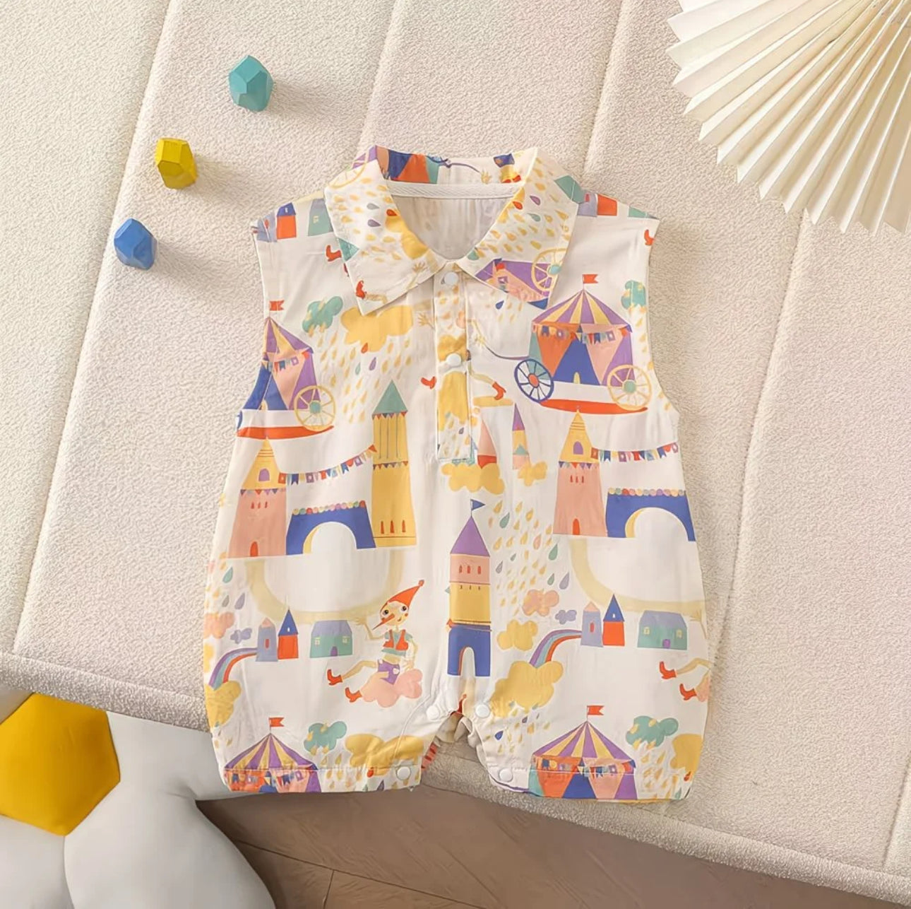 Soft & Breathable - Baby Boy Fantasy Castle Print Sleeveless Romper