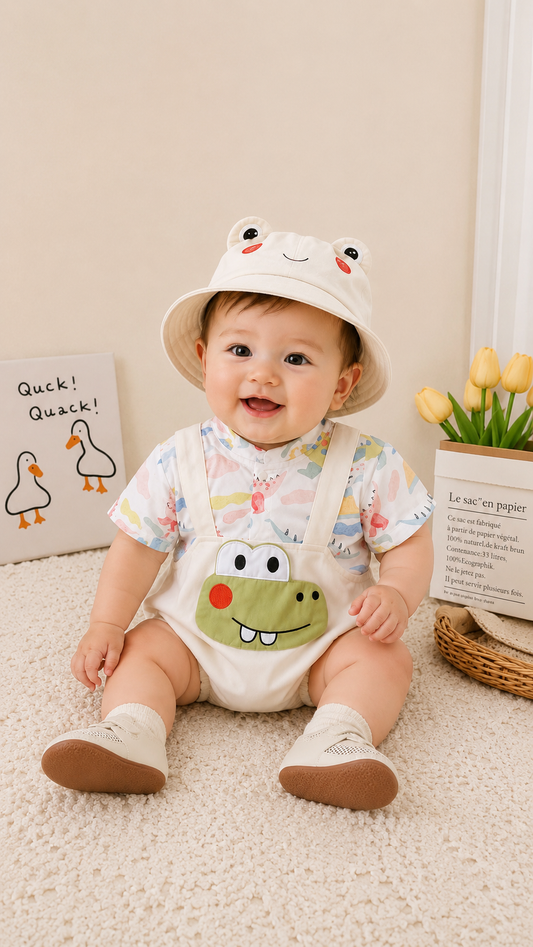 Soft & Breathable - Baby Boys Dino Print Romper Set with Crocodile Pocket Detail