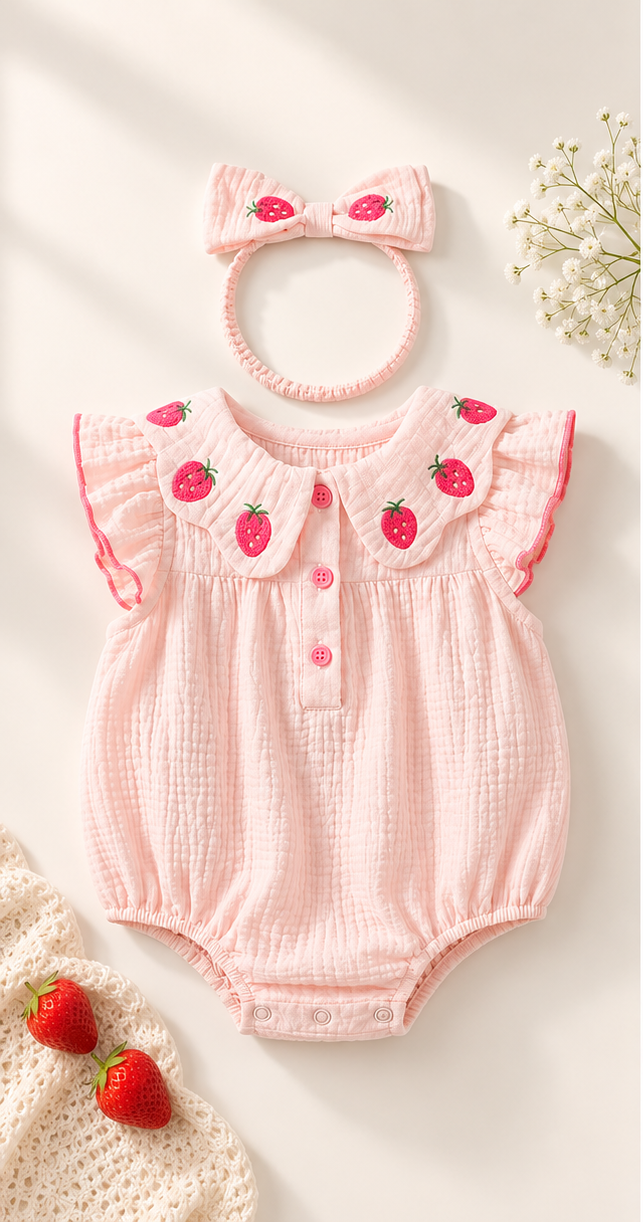 Soft & Breathable - 100% Organic Cotton Baby Girl Strawberry Embroidered Romper with Matching Headband