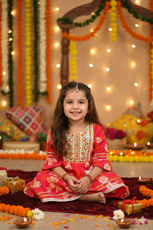 Girls Printed Full Ethnic Co-ord Set - Laxmi Poojan - Limited Edition