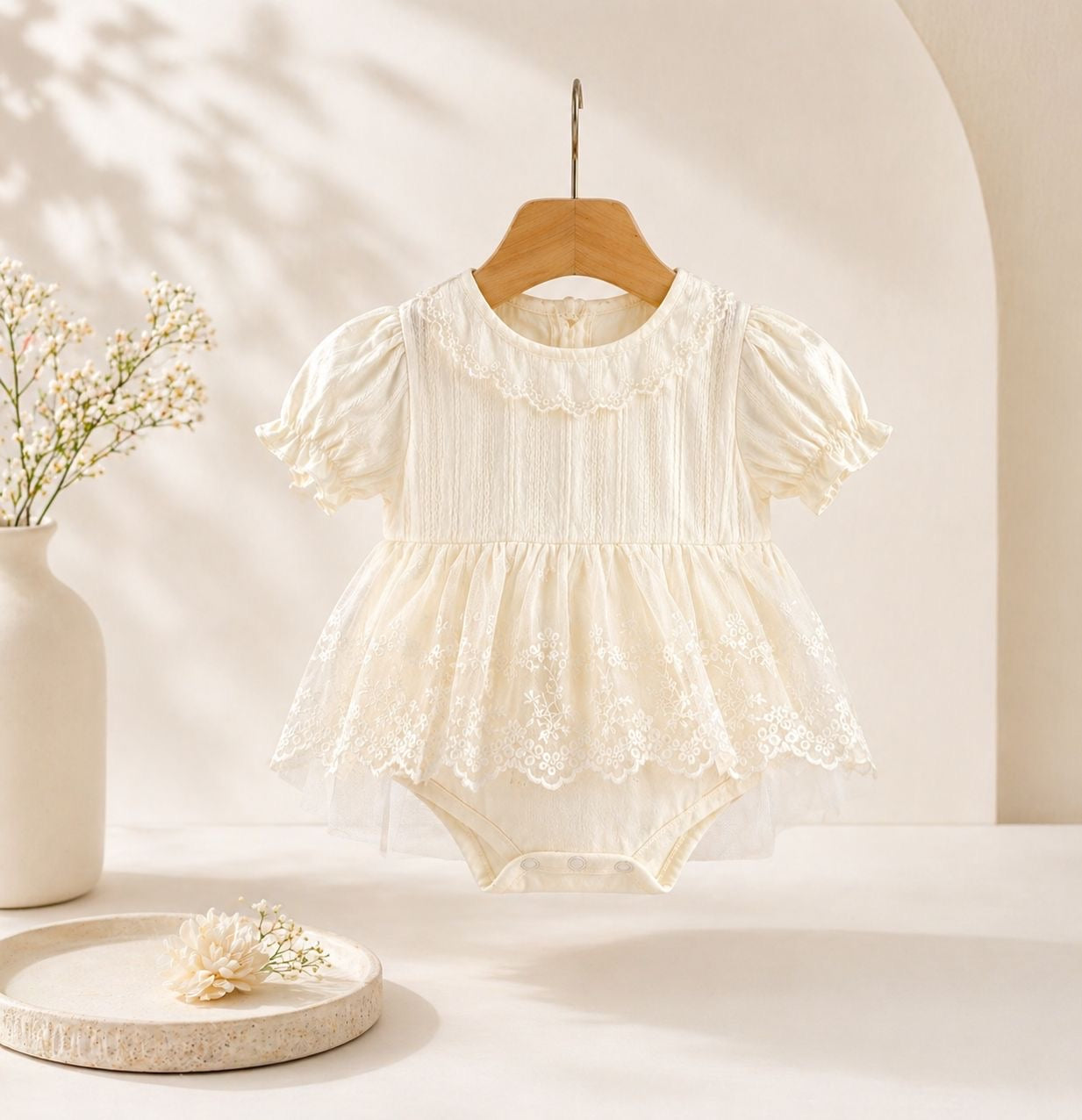 Soft & Breathable - Baby & Toddler - 100% Cotton Puff Sleeves Lace Tulle Princess Romper Dress