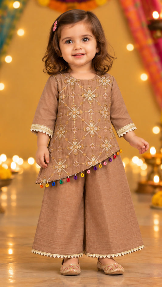 Girls soft Ethnic - Soft Floral Embroidered Asymmetric Kurta & Palazzo Set – Mocha Brown