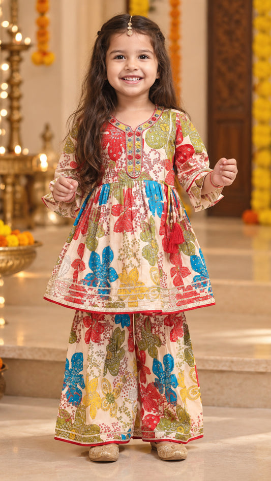 Girls Soft Ethnic - Trendy Printed Full Ethnic Co-ord Set With Beautiful Mirror Work - Multicolor