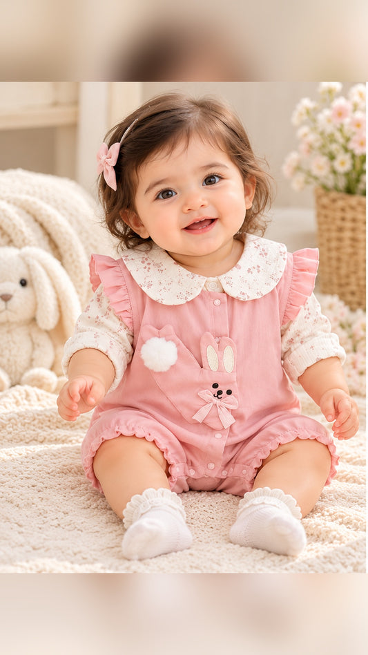 Trendy Bunny Bliss – Baby Girl Pink Romper Set