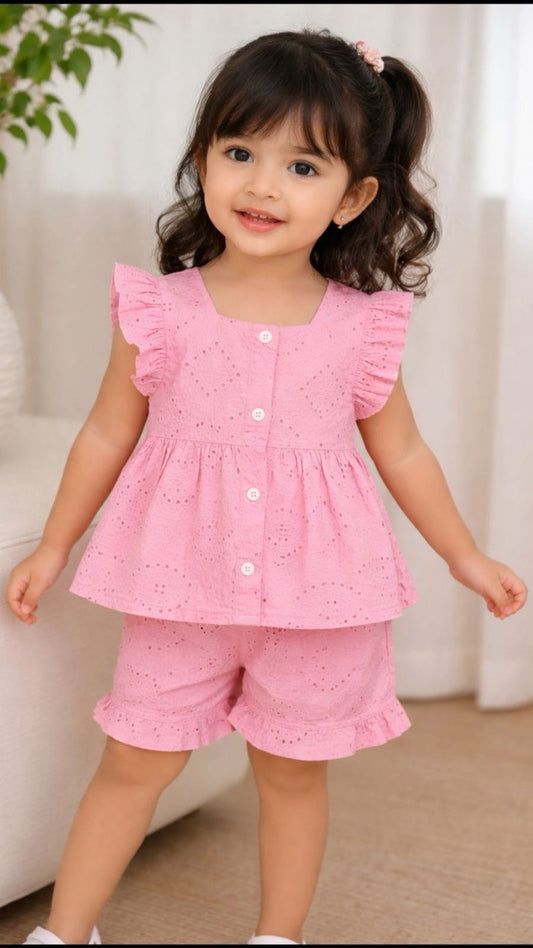 Girls Pink Eyelet Summer Co-Ord Set