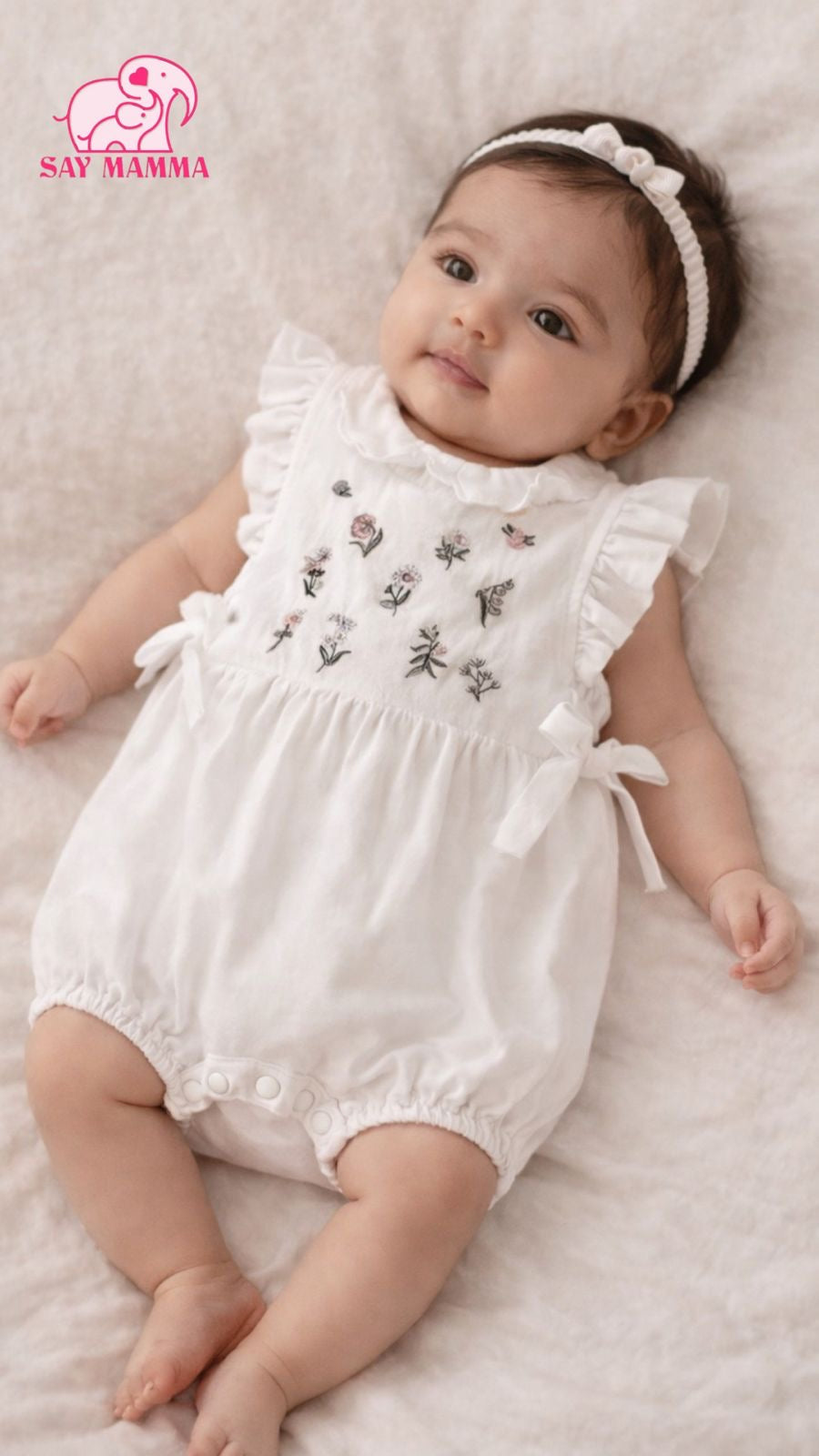 Soft & Breathable - Baby & Toddler - 100% Organic Cotton White Floral Embroidered Baby Girl Romper