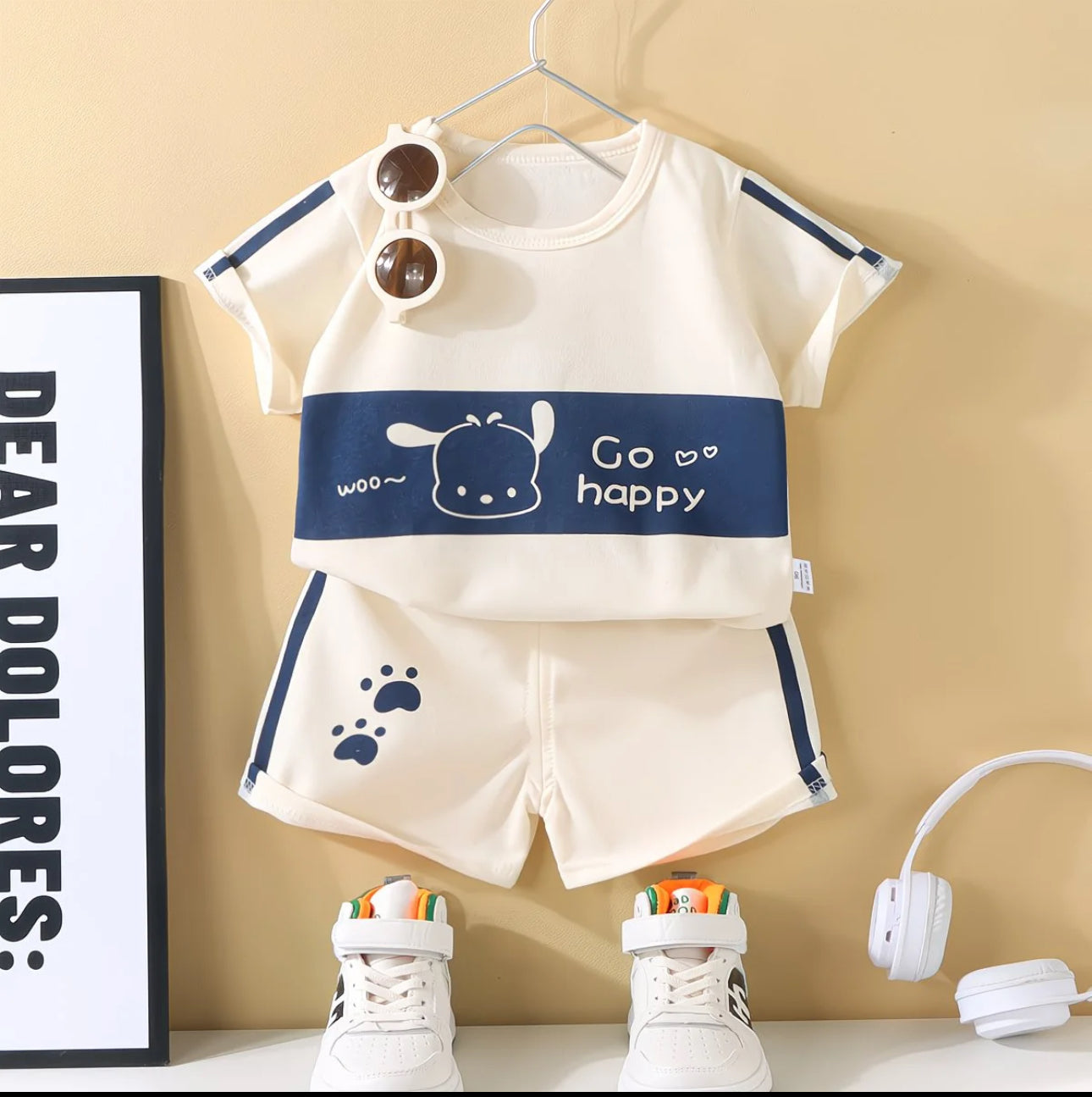 Kids Go Happy Printed T-Shirt & Shorts Co-ord Set – Cream & Blue