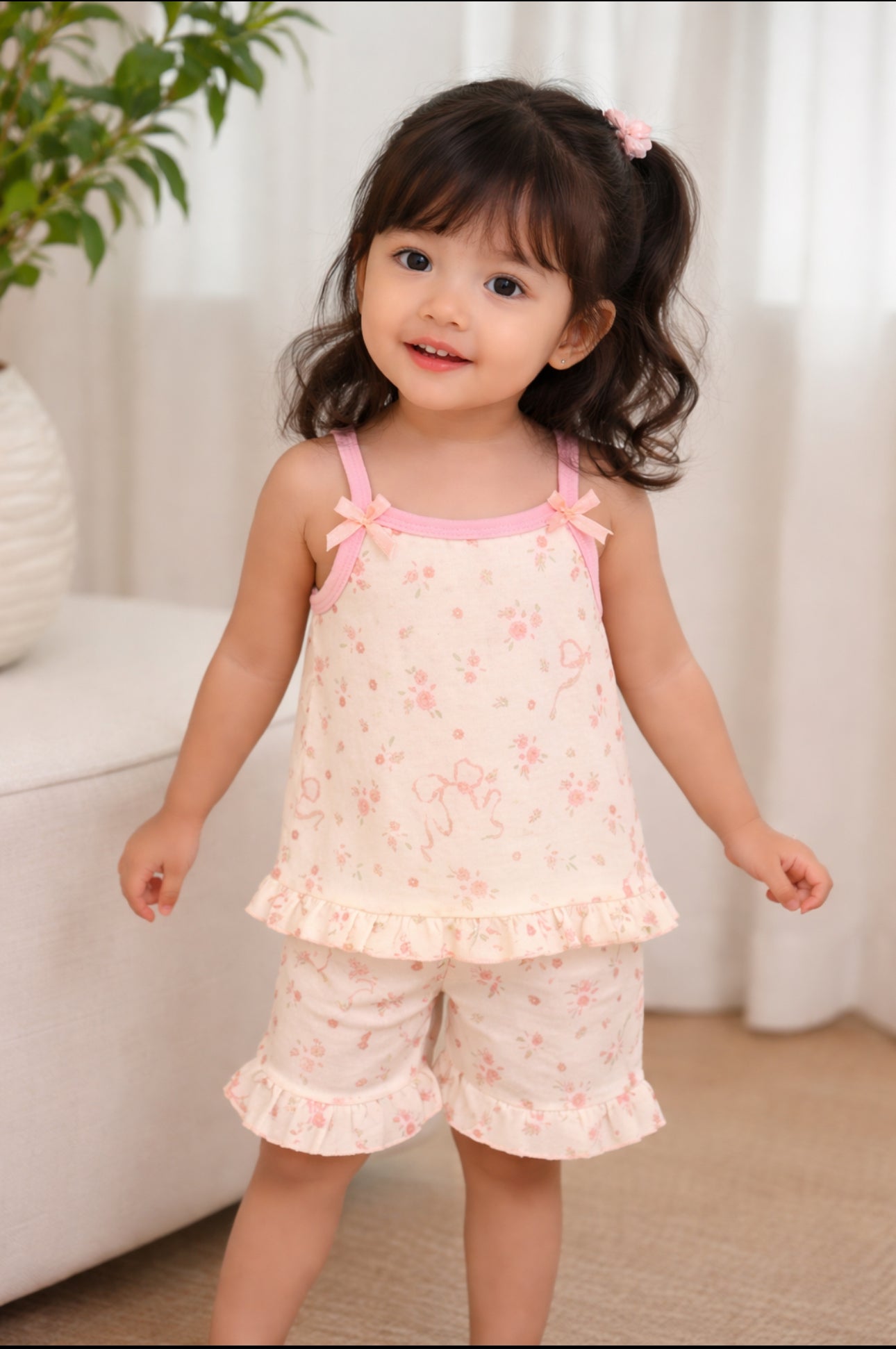 Girls Pink Rose Bow Ruffle Co-ord Set
