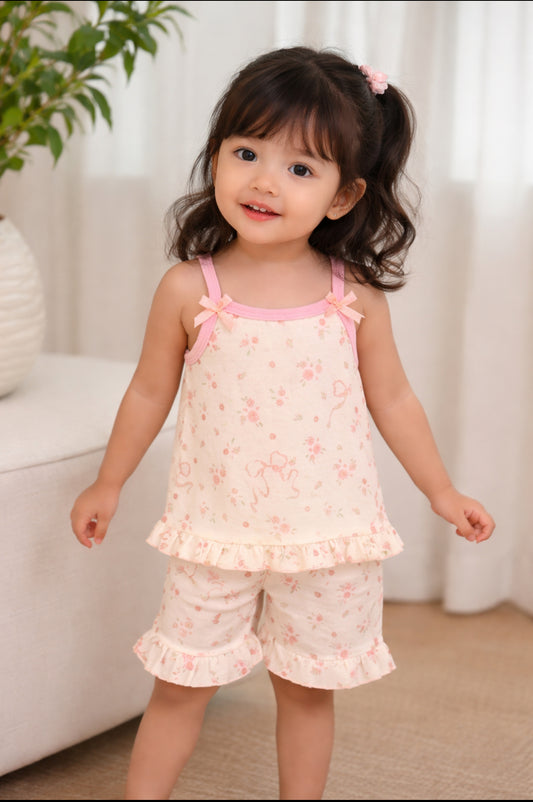 Girls Pink Rose Bow Ruffle Co-ord Set