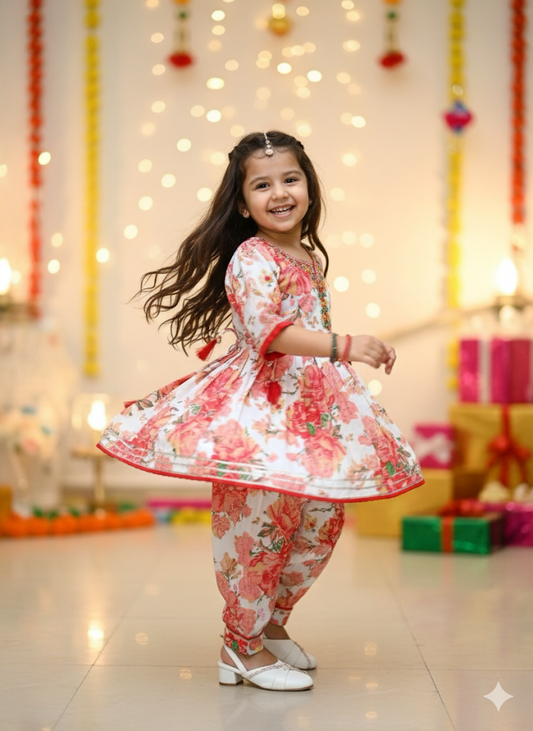 Girls Printed Full Ethnic Co-ord Set with Beautiful Mirror Work - Trendy