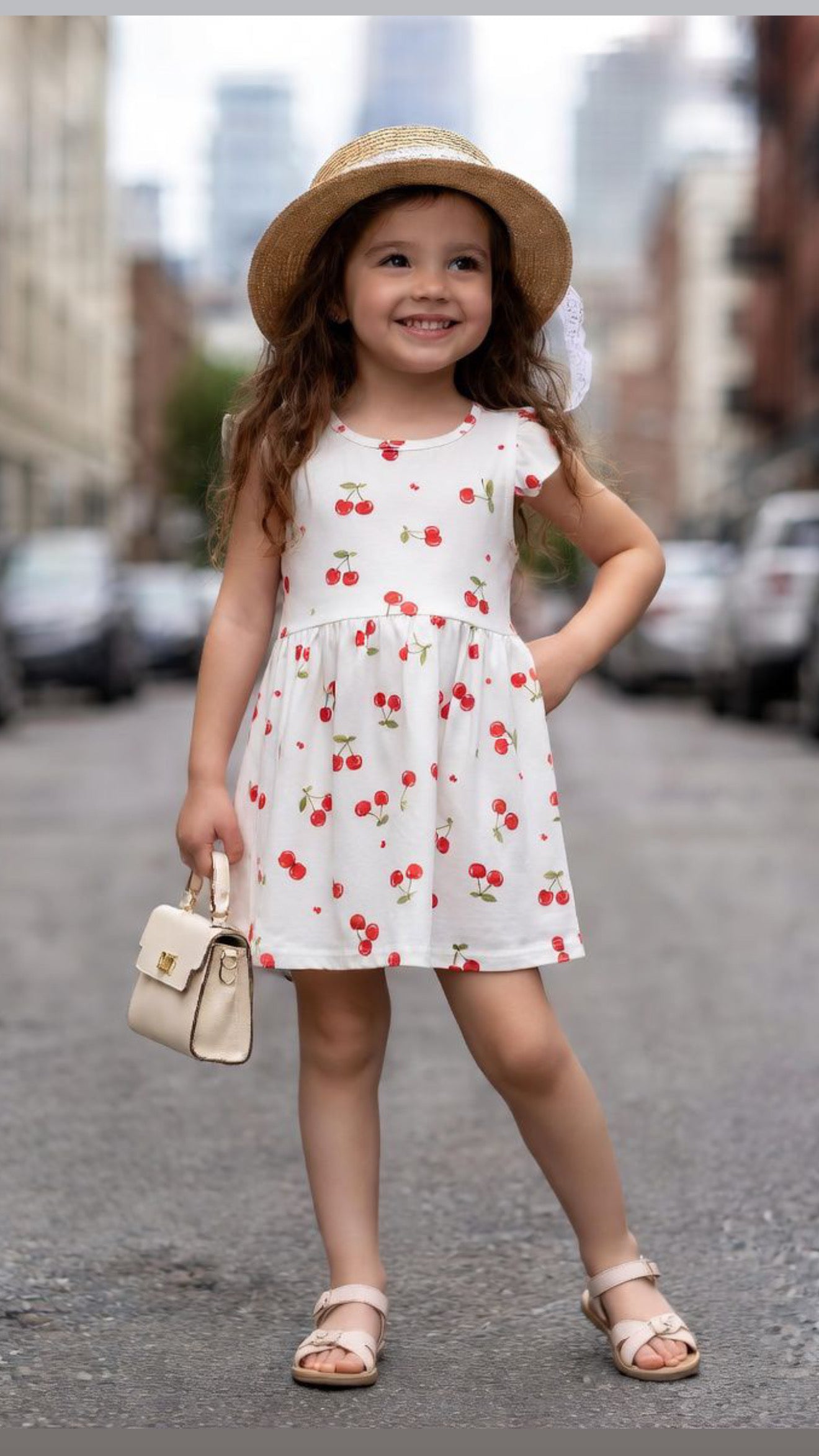Girls Cream Cherry Print Baby Dress with Ruffle Sleeves