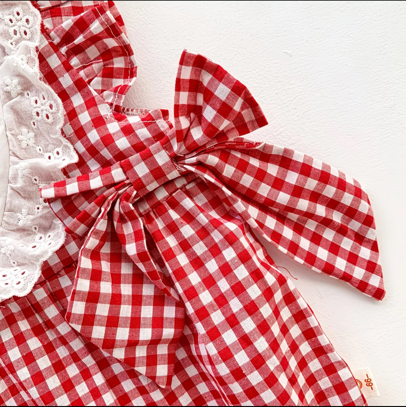Soft & Breathable - Baby & Toddler -  Elegant Red Gingham Strawberry Embroidered Romper Dress With Matching Hairband