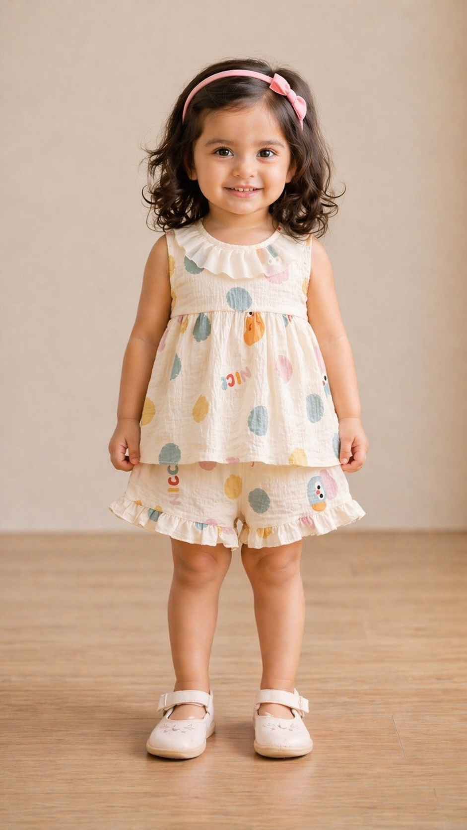 Girls Korean Style Polka Print Frill Neck Co-Ord Set