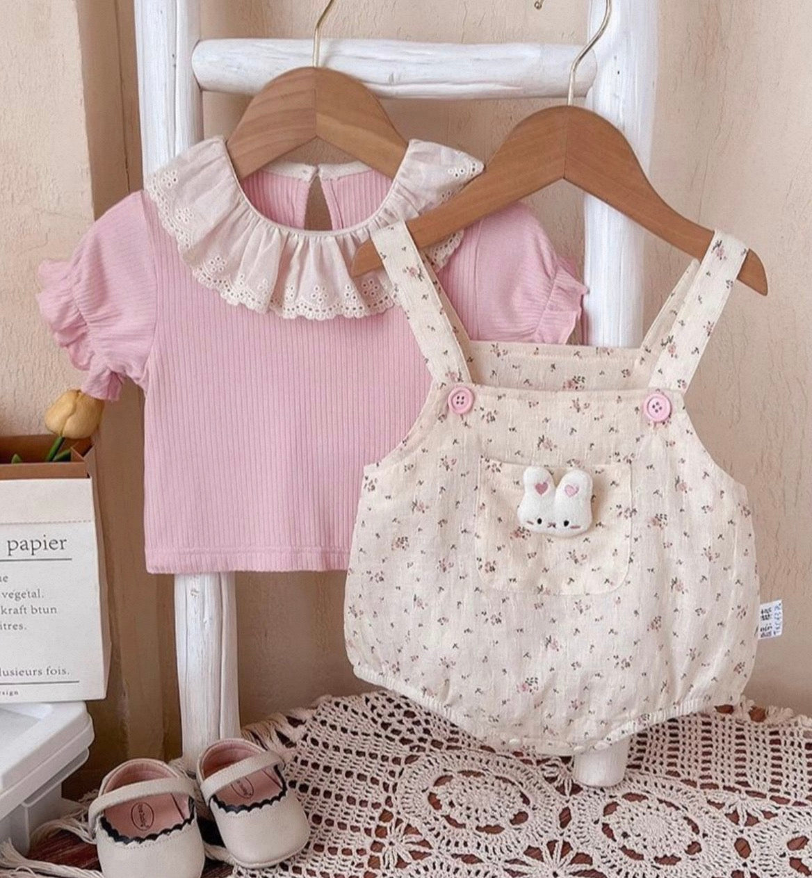 Soft & Breathable - Baby Girl Floral Romper Set with Peter Pan Collar Pink Ribbed Top