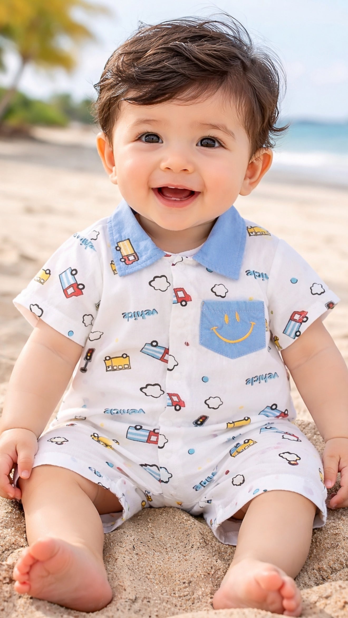 Soft & Breathable - Baby & Toddler - Traffic Print Collared Baby Romper