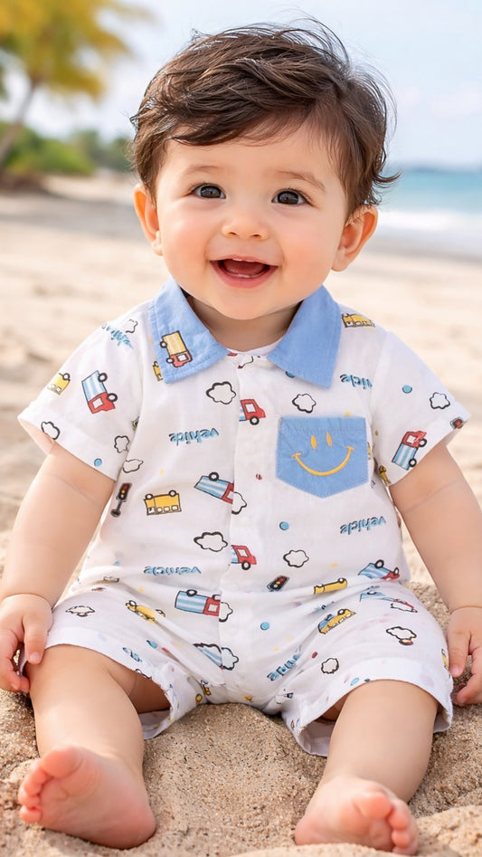 Soft & Breathable - Baby & Toddler - Traffic Print Collared Baby Romper