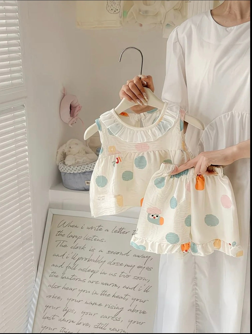 Girls Korean Style Polka Print Frill Neck Co-Ord Set