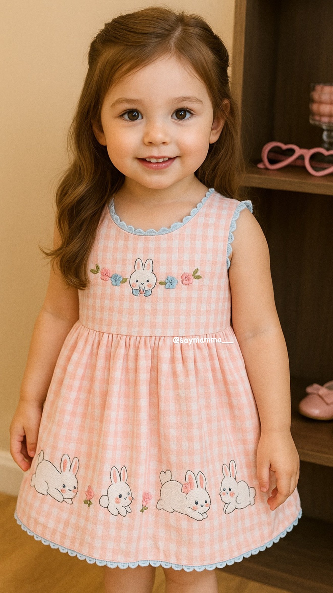 Girls Embroidered Rabbit Checkered Dress