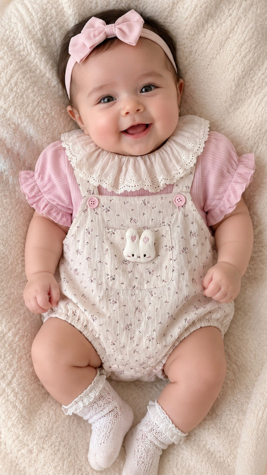 Girls Trendy Floral Romper Set with Peter Pan Collar Pink Ribbed Top